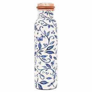 Handmade Printed Blue Leaf Meena Copper <b>Water</b> <b>Bottle</b> Leakproof for Indoor & Outdoor <b>Gym</b> Usage Unisex <b>Bottles</b> In Copper Metal - Product Image 1