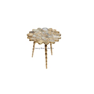 Coffee and <b>Side</b> <b>Table</b> <b>Gold</b> Color Shiny Polished 3 Legs Base With Agate Round Shape Marble Handmade Designer Fancy Look Supplies - Product Image 1