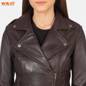 Veste en cuir véritable pour femme, style motard vintage, coupe ajustée, marron uni, fermeture éclair, tendance, mode, hiver - Product Image 2