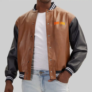 Chaqueta Varsity de Cuero con Forro para Hombre, Estilo Urbano, Cuello Alto, Logotipo Personalizado Serigrafiado, Diseño Frontal Impermeable - Product Image 6