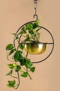 Pot de fleur en fer doré moderne avec support noir jardinière ronde suspendue porte-plante de décoration intérieure jardinière en métal indien faite à la main. - Product Image 3