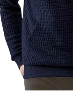 Custom Men Navy Blue & <b>Quilted</b> Hoodie Pullover Long Sleeve Casual <b>Sweatshirt</b> Winter Wear With Contrast Panel And Drawstring Hood - Product Image 5