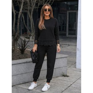 Ensemble deux pièces pour femme, chemisier à manches longues, col rond, dentelle, viscose, deux fils, et pantalon, 37343 - Noir - Product Image 4