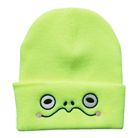 Nouveau bonnet tricoté chaud d'hiver en acrylique avec motif de dessin animé, visage de grenouille triste brodé, idéal pour les voyages