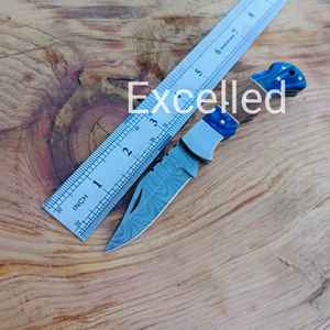 ที่กําหนดเองทําด้วยมือดามัสกัสกลับล็อคมีดพับด้ามไม้ฟรีหนังเปลือกมีด - Product Image 6