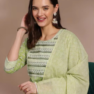 Kurta pur coton imprimé floral à col rond et miroir avec pantalon et dupatta, costume pakistanais indien - Product Image 1