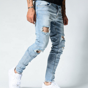 Pantalones de mezclilla revestidos elásticos ajustados rasgados de diseñador personalizados para hombre, cintura media, transpirables, ajustados, estilo de moda callejera alta - Product Image 2