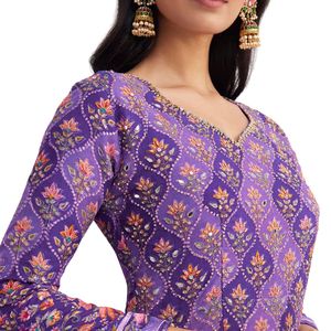 Vente en gros de vêtements ethniques violets, ensemble Kurta de travail avec miroir imprimé et palais évasé, tenue personnalisée de fournisseur de vêtements OEM pour femmes - Product Image 2