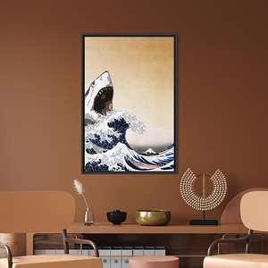 Arte de pared en lienzo con diseño de olas modernas: impresión abstracta del océano para decoración del hogar, con marco negro - Product Image 1