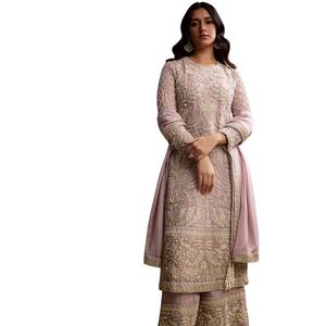 Baby rosa Organza Palazzo vestito con Zari e Moti lavoro all'ingrosso donna abbigliamento etnico OEM fabbrica fornitore di moda - Product Image 4