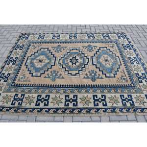 Étnico 5,7 X 7.6ft Azul Beige Lana Poliéster Alfombra turca Hecho a mano Clásico Rectángulo Patchwork Diseño Respaldo de látex para la vida - Product Image 3