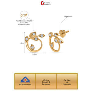 Pendientes de tuerca de diamantes de hoja exuberante de oro de lujo, Joyería de diamantes cultivados en laboratorio - Product Image 3