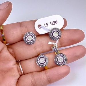 Juego de Joyería de Plata 925 con Baño de Oro y Diamantes Polki de Buena Calidad, Aretes/Colgantes/Anillos - Product Image 2