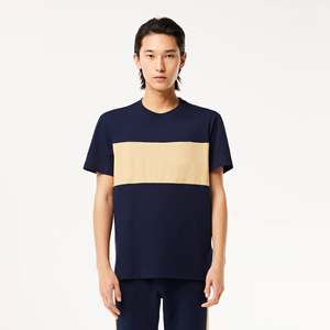 Camiseta de Hombre Azul Marino con Bloques de Color, Manga Corta, Cuello Redondo, Corte Regular, Informal, 100% Algodón Jersey, Ribete en Contraste - Product Image 1