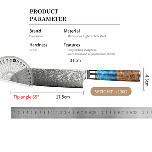 Venta al por mayor personalizado de alta calidad OEM ODM servicio estilo japonés hoja de acero damasco cuchillo de cocina mango de resina cuchillo de Chef azul - Product Image 5