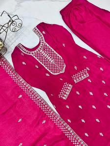 Nueva llegada Chinon Silk Kurta Set para mujer con diseñador Dupatta y pantalón elegante traje étnico perfecto para fiestas bodas - Product Image 5