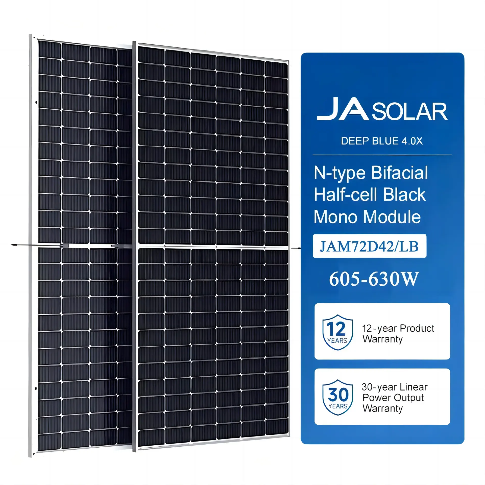 고효율 JA 태양 전지판 JAM72D42 LB 시리즈 n형 이중 유리 이안면 610W 615W 620W 625W 630W 635W 딥블루 4.0 시리즈