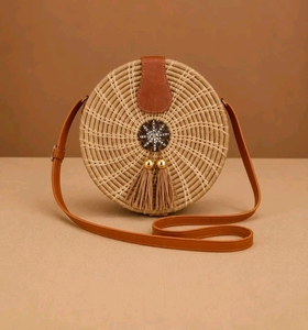 Round Rattan Woven <b>Straw</b> Preppy Style Tassel Shoulder Crossbody <b>Bag</b> for Women Vintage Summer Travel Purse - Product Image 1