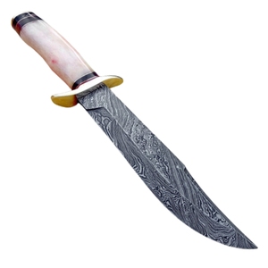 Couteau Bowie de chasse en acier damas fait à la main avec manche en os de couleur et gaine en cuir OEM personnalisable pour les utilisateurs de bricolage. - Product Image 1