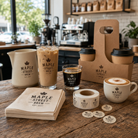 Ensemble d'accessoires pour café AT PACK personnalisé avec serviettes, verres à café, porte-gobelets, pot, autocollants et emballage avec logo