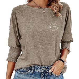 OEM เสื้อยืดคอกลมทรงหลวมสำหรับผู้หญิงเสื้อยืดแขนสามส่วนลำลองสีพื้น - Product Image 2