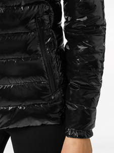 Women's <b>Black</b> Quilted Hooded Puffer <b>Jacket</b> Full Sleeve Zipper Closure Winter Wear Waterproof Breathable Women Shiny Bubble Coat - Product Image 5