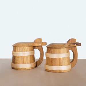 Vente en gros directe prix d'usine chope à bière style bois simulation de tonneau en bois chope à bière double paroi avec poignée - Product Image 4