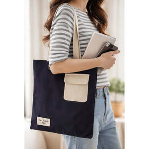Black Cotton Tote <b>Bag</b> Pocket Canvas Eco-Friendly Reusable Recyclable Full Customized Zipper Closure Large (>50cm) Machine - Product Image 2
