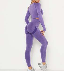 Conjunto de Yoga sin costuras para mujer, 2 uds., al por mayor, de alto rendimiento, acanalado, logotipo personalizado, ropa de entrenamiento, cierre de cordón, cuadros de moda - Product Image 5