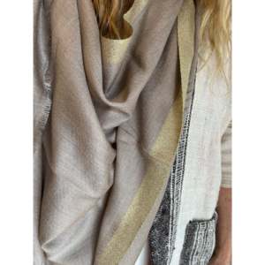 <b>Wool</b> Zari Women's Long Winter Knitted <b>Scarf</b> with Embroidered Design Plain Dyed Bollywood Style-Foil Print 75x190cm Putty - Product Image 2