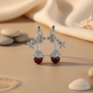Women's Floral Design Silver <b>Red</b> Gemstone <b>Drop</b> <b>Earrings</b> Fashion Jewelry - Product Image 1