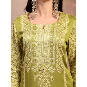 ชุดคุर्ตาผ้าเรยอนพิมพ์ลายสีเขียวลำลองสำหรับผู้หญิง แขนสามส่วน ผ้าเครปสำหรับฤดูใบไม้ผลิ/ฤดูร้อน - Product Image 6