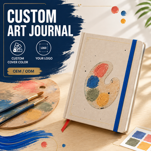 Cuaderno de Paleta de Artista Personalizado LABON, Tapa Dura de Lino Beige, Borde con Lámina Dorada, Pinturas Impasto, Pincel, Cinta Azul Rey y Coral - Product Image 1