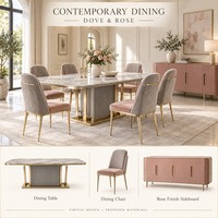 Ensemble de meubles de luxe pour toute la maison : canapé en tissu, lit rembourré, table à manger en pierre frittée, chaises à structure métallique, armoires sur mesure