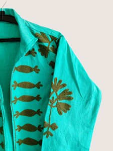 Manteau décontracté à col ouvert brodé de fleurs turquoise, manches longues, col rond, pour femmes grandes tailles, vêtements d'extérieur d'hiver, style bohème, respectueux de l'environnement - Product Image 5