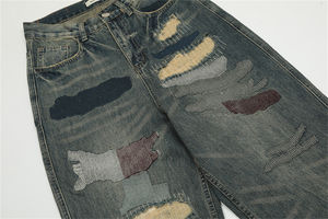 Pantalones vaqueros rectos sueltos clásicos de algodón 100% de alta calidad para hombre, cintura media, transpirables con retazos y bolsillos grandes - Product Image 5