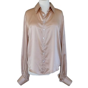 Chemisier en Soie pour Femme à Manches Longues, Col Revers, Boutonné, Couleur Unie, Tendance, Élégant, pour le Bureau, en Soie de Mûrier - Product Image 1