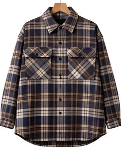 Custom <b>Men</b> Plaid <b>Overshirt</b> Navy Blue Brown Long Sleeve Button Up Check Shirt Jacket Warm <b>Flannel</b> Casual Winter Wear Wholesale - Product Image 1