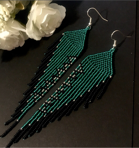 Turquoise <b>Green</b> Long Bead <b>Earrings</b> Fringe <b>Earrings</b> Native <b>Earrings</b> - Product Image 1