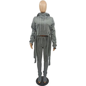 Vente en gros Automne Femmes Épais Manches Longues 2 Pièces Solide Décontracté Transpiration 100% Coton Survêtement Ensembles - Product Image 3