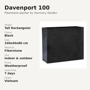 Jardinière rectangulaire haute Davenport 100 en Fiberstone noire 100x40x80cm, grand pot de fleurs d'intérieur et d'extérieur résistant aux intempéries, Vietnam - Product Image 3