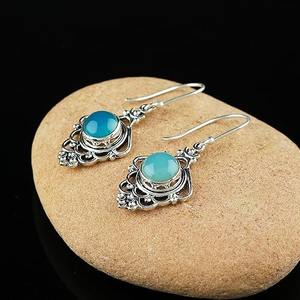 Boucles d'oreilles en pierres précieuses calcédoine 925 boucles d'oreilles en argent Sterling massif de forme ronde pour femmes filles boucles d'oreilles pendantes bijoux en argent - Product Image 2