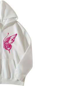 Sudadera con Capucha y Cremallera con Estampado de Mariposas Blancas y Rosas para Mujer, Sudadera Holgada y Linda de Estilo Urbano, Chaqueta de Moda para Invierno - Product Image 3