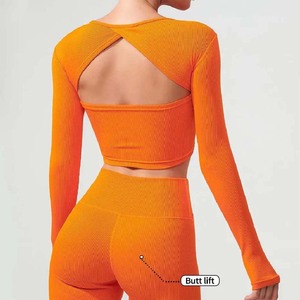 Ensemble legging d'entraînement pour femmes 3 pièces, solide et écologique, sans couture, hautement extensible, avec logo à manches longues, trous pour les pouces, ensemble de yoga - Product Image 2