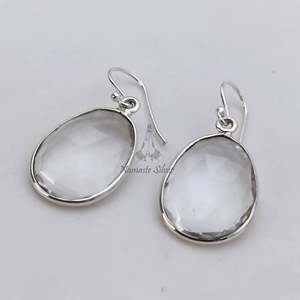 Pendientes de Plata de Ley 925 con Cuarzo Transparente en Forma de Gota de Agua, Joyería Hecha a Mano, Diseño a Cuadros Natural, Hipoalergénicos para Mujer - Product Image 5
