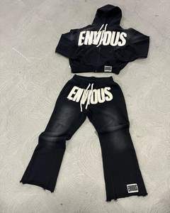 Survêtement évasé brodé lavé à l'acide en détresse personnalisé empilé survêtements ensemble de pantalons à capuche lourd pantalon évasé hiver - Product Image 1