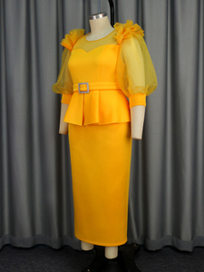 AM040939 Abito da Sera <span class=keywords><strong>Lungo</strong></span> <span class=keywords><strong>con</strong></span> Collo a O, Maniche a Lanterna in Tulle, Peplum e Cintura - Product Image 5