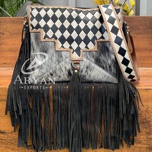 New Luxury Checkered Design Fringe Handbag for Women's High Quality Hand Tooled Genuine Cowhide Leather Ladies Shoulder Bags - Product Image 1