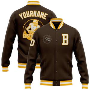 Chaqueta universitaria personalizada para hombre en marrón, blanco y dorado, estilo Bombardero a presión completa, cortavientos con letras de lana 100% con servicio OEM - Product Image 2