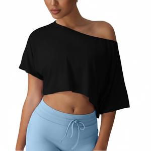 Nouveau style de mode, haut de yoga d'été avec logo imprimé personnalisé, hauts à épaules dénudées, hauts à manches courtes surdimensionnés, t-shirt court - Product Image 2